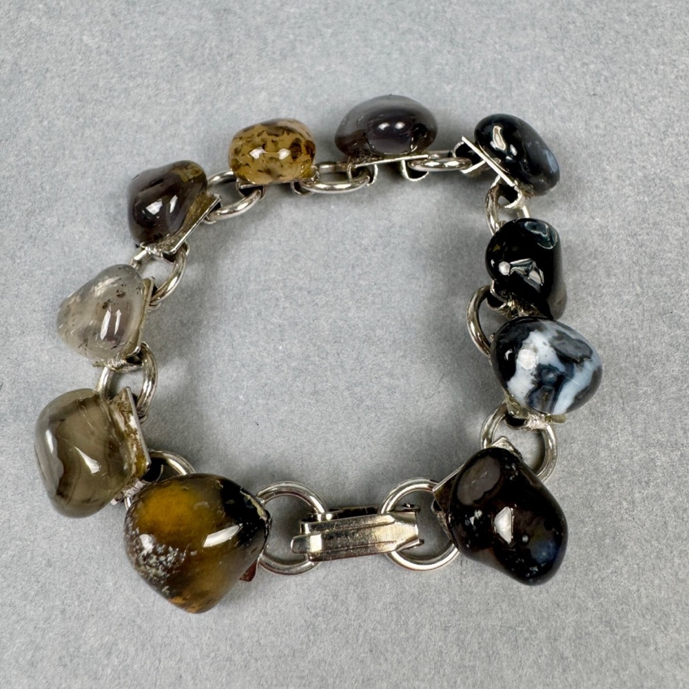 Vintage Multicolored Agate Natural Stone Silver Tone Bracelet | EUC - Picture 4 of 15
